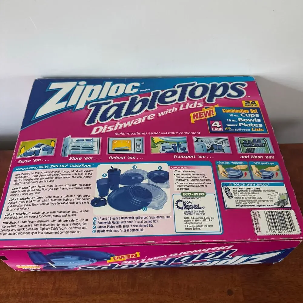 Vintage 2001 Ziploc TableTops 24 Pc Dishware Set Cups Bowls Plates Lids NOS